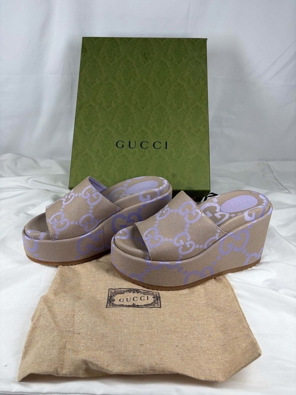 Gucci Jumbo Angelina GG Canvas 4” Platform Sandals US Size 10.5 SPB JA-369500